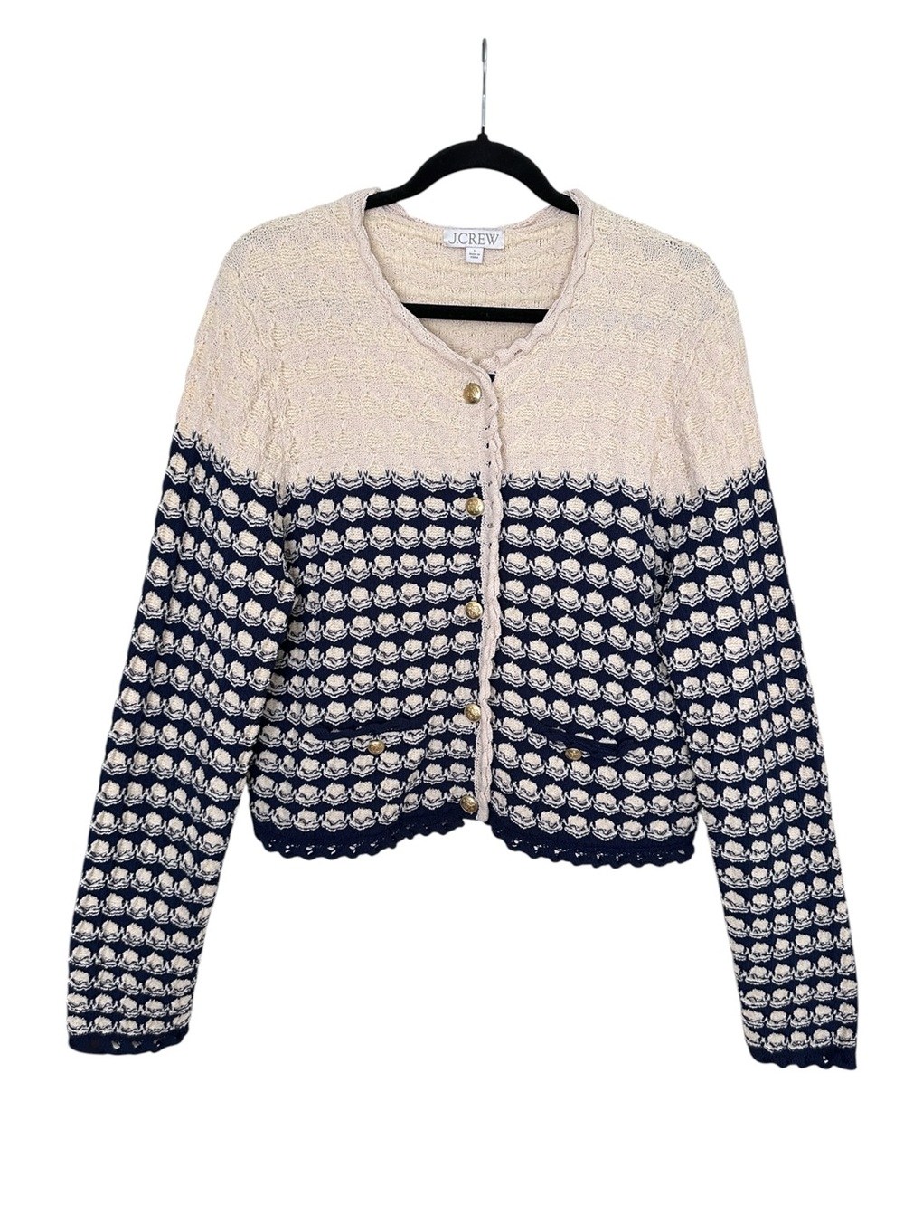 J. CREW Lady Jacket Cardigan Textured Crochet Navy Cream Coastal Sweater L - Picture 2 of 12